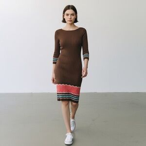 Nine West Women’s Knit 3/4 Bell Sleeve Scallop Trim Brown/Coral/Red Size-S EUC